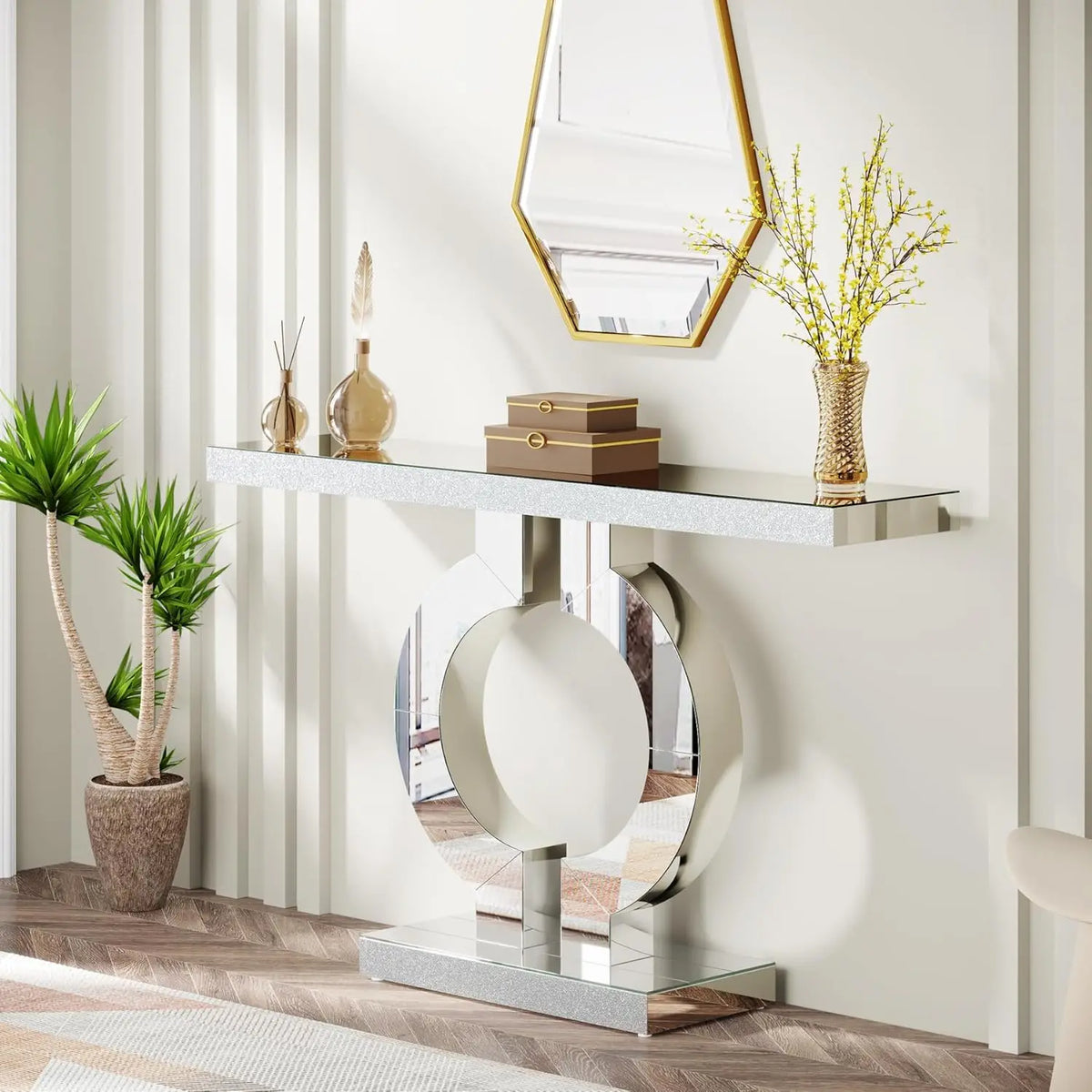 Silver Mirrored Console Table with O-Shaped Base