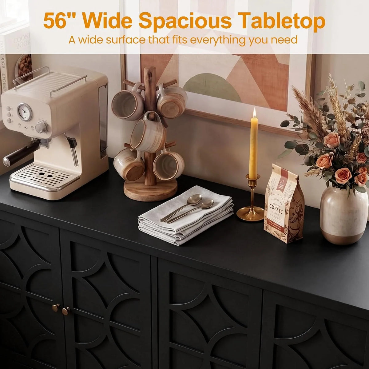 Sideboard Buffet Cabinet with Storage, 56" Modern Sideboard with 4 Carved Doors, Large Wood Coffee Bar Console Table for Kitchen, Dining Room, Entryway, Living Room, Black