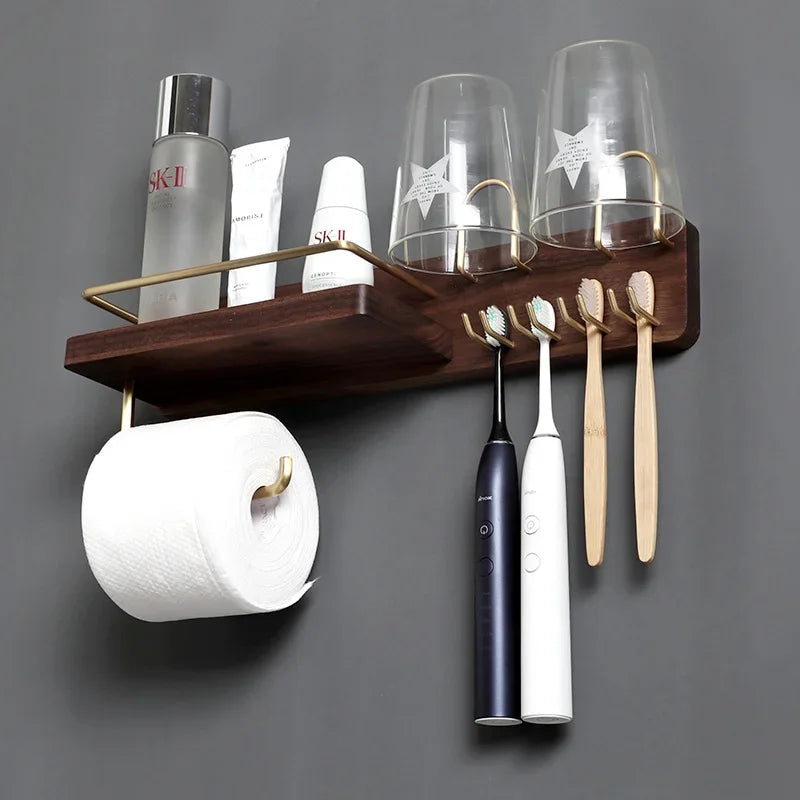 Black Walnut Electric Toothbrush Holder Multi Functional Wall-Mounted Gargle Cup and Paper Towel Storage Rack for Bathroom