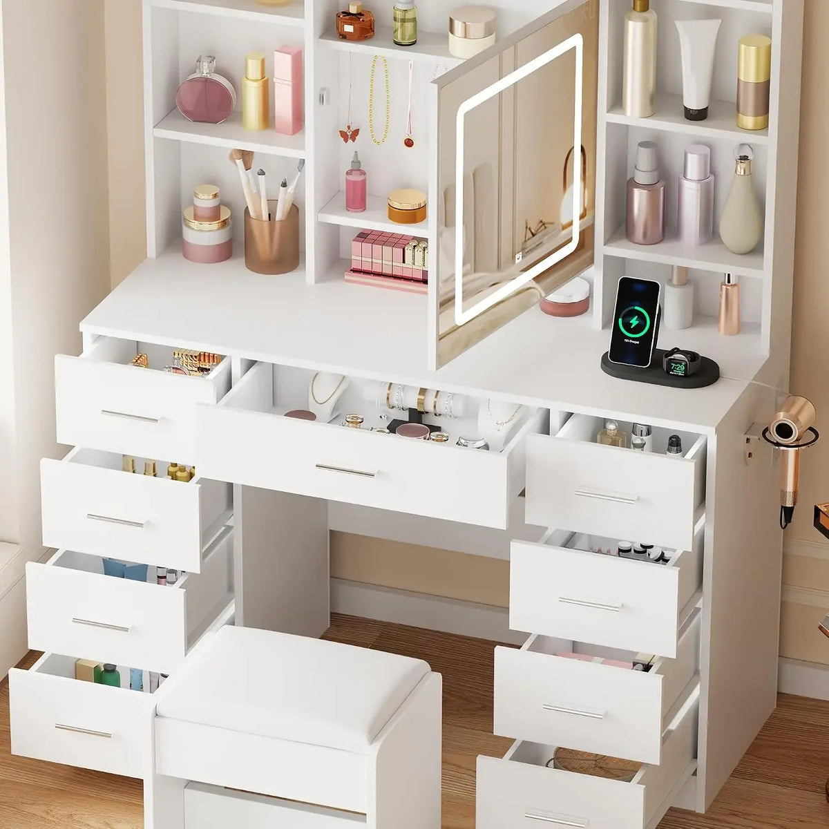 LED Vanity Desk with Jewellery Storage and Stool