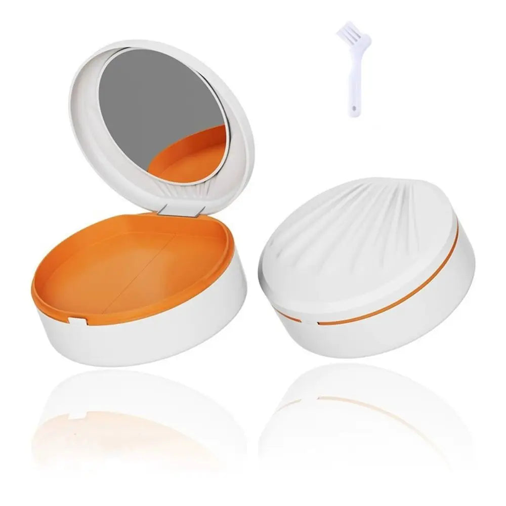 Double Layer Orthodontic Retainer Case Mouthguard with Mirror Denture Bath Storage Box Shell Shaped Cleaning Tooth