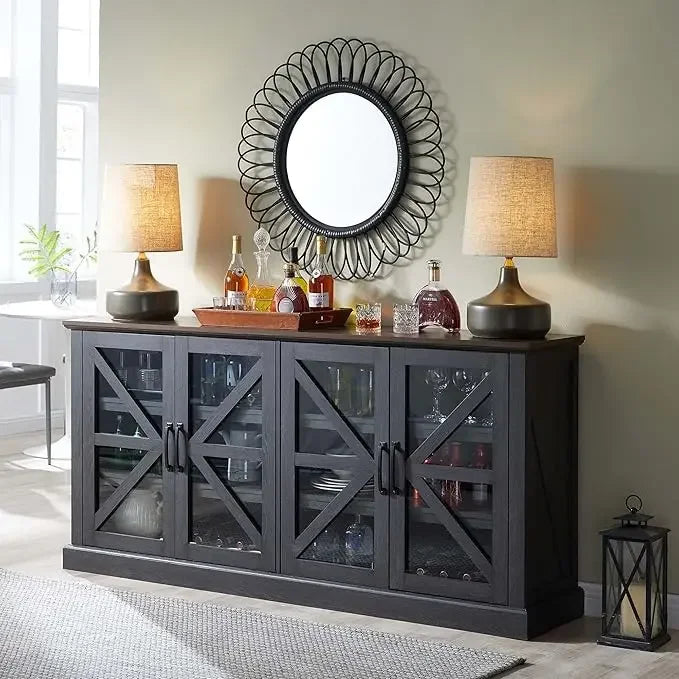 Rustic Buffet Sideboard with 4 Glass Doors & Adjustable Shelves