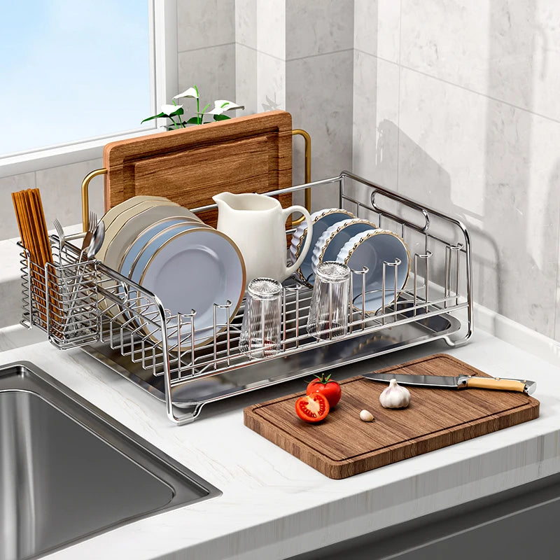 304 Stainless Steel Kitchen Dish Drainer Rack | Countertop Organiser with Drainage Tray, Utensil & Knife Holder