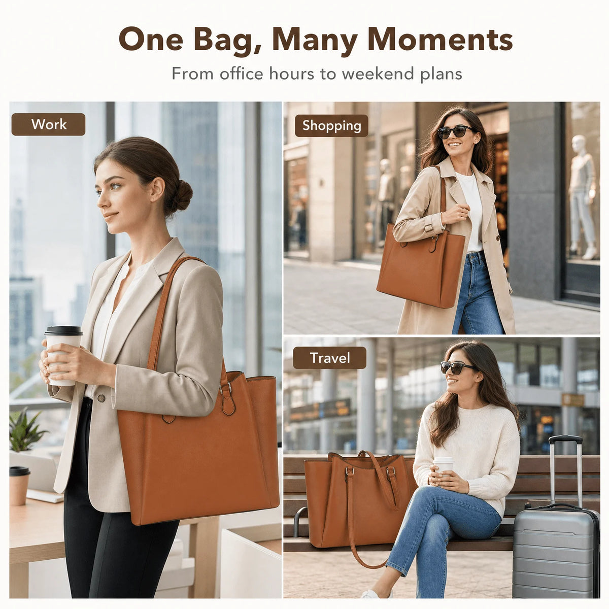Faux Leather Tote Bag - 13.5" Laptop Work Bag with Pouch