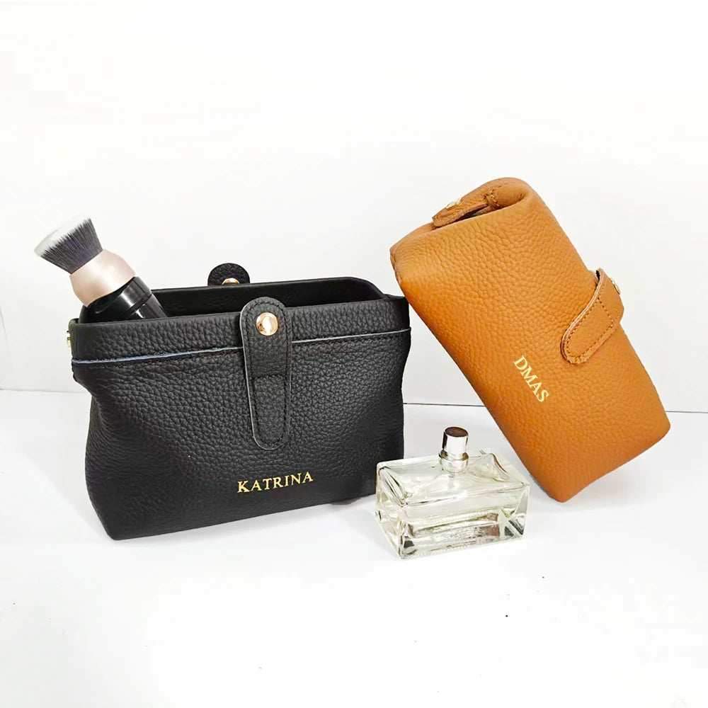 Genuine Leather Women Makeup Bag Fashion Custom Letters Travel Cosmetic Kits Pouch Personalize Logo Business Small Men Wash Bag