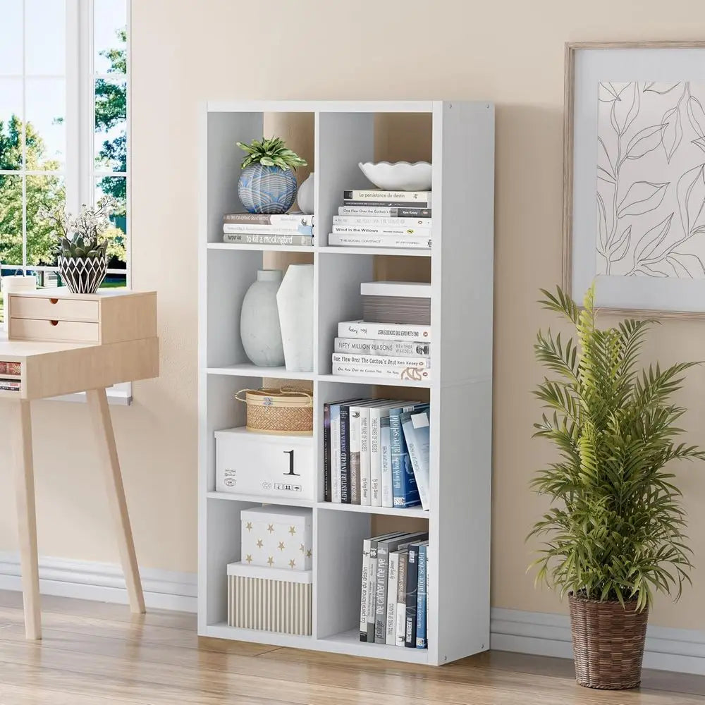 11 Inch Open Back Cube Bookcase with Thickened Border - White, 8 Cubes for Home or Office Display
