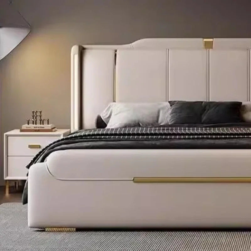 Nappa Leather Bed King Size Luxury 2 People Bed Soft Backrest Headboard Full House Furniture Bedroom Sets Full Set Furniture