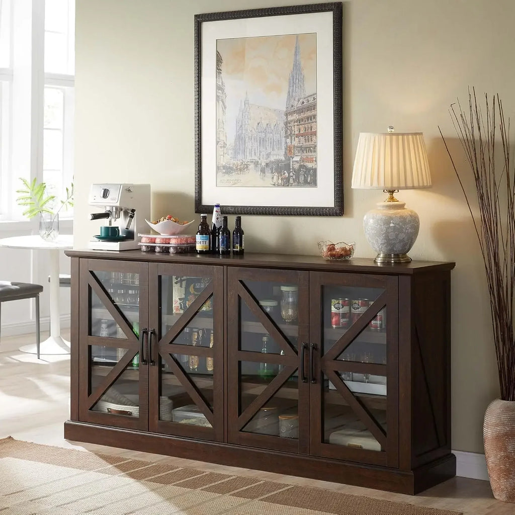 Rustic Buffet Sideboard with 4 Glass Doors & Adjustable Shelves