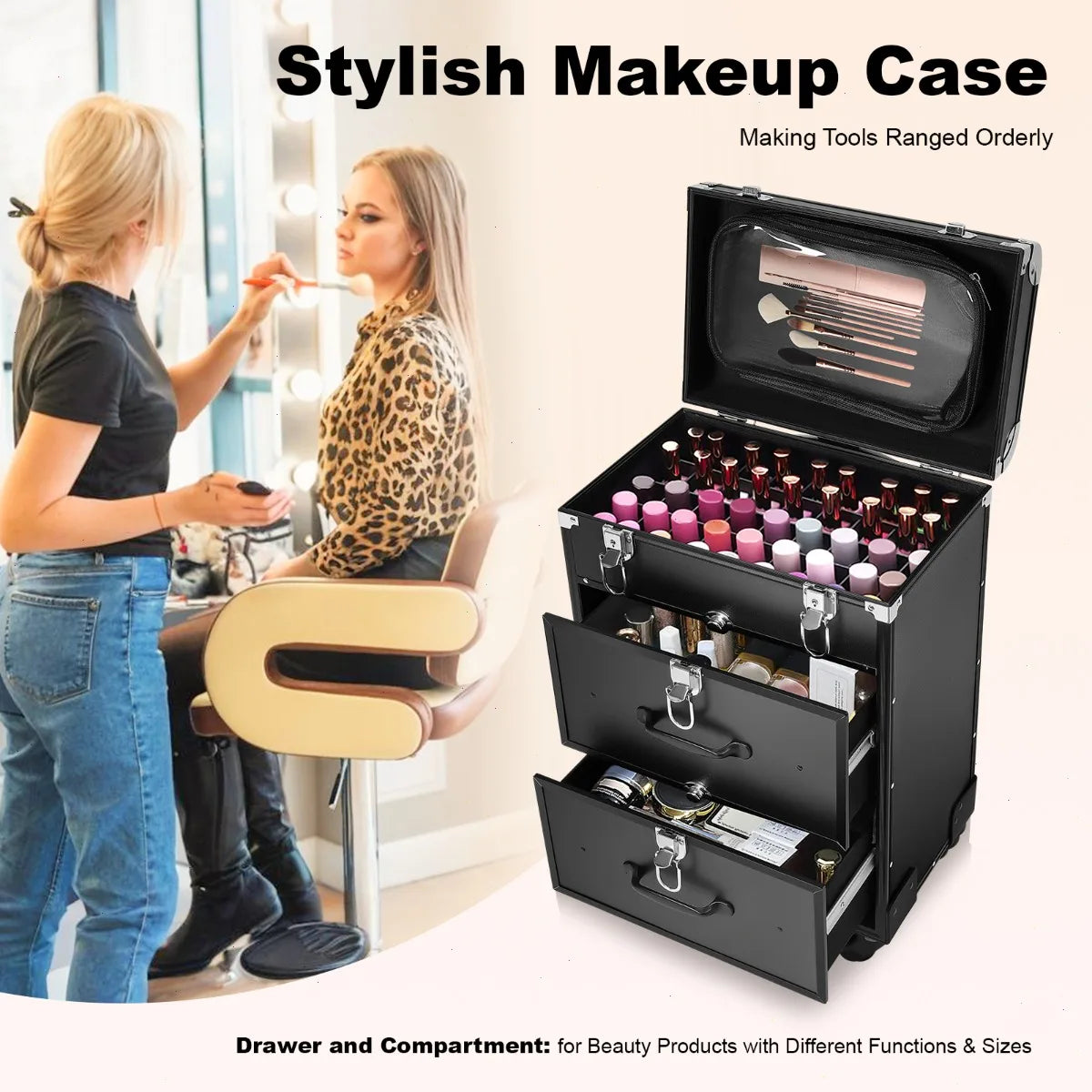 3-Tier Rolling Makeup Train Case with Wheels