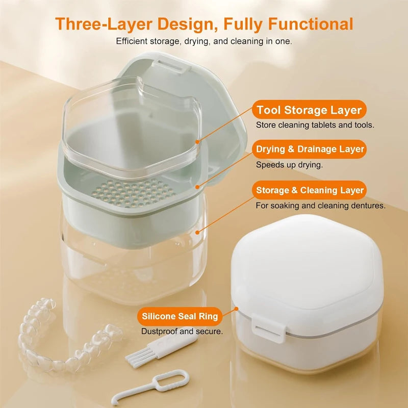 1pcs  Denture Bath Box,Denture Case,Retainer cup,Three-Layer Separation Retainer Case, Denture Cup,Mouth Guards Holder