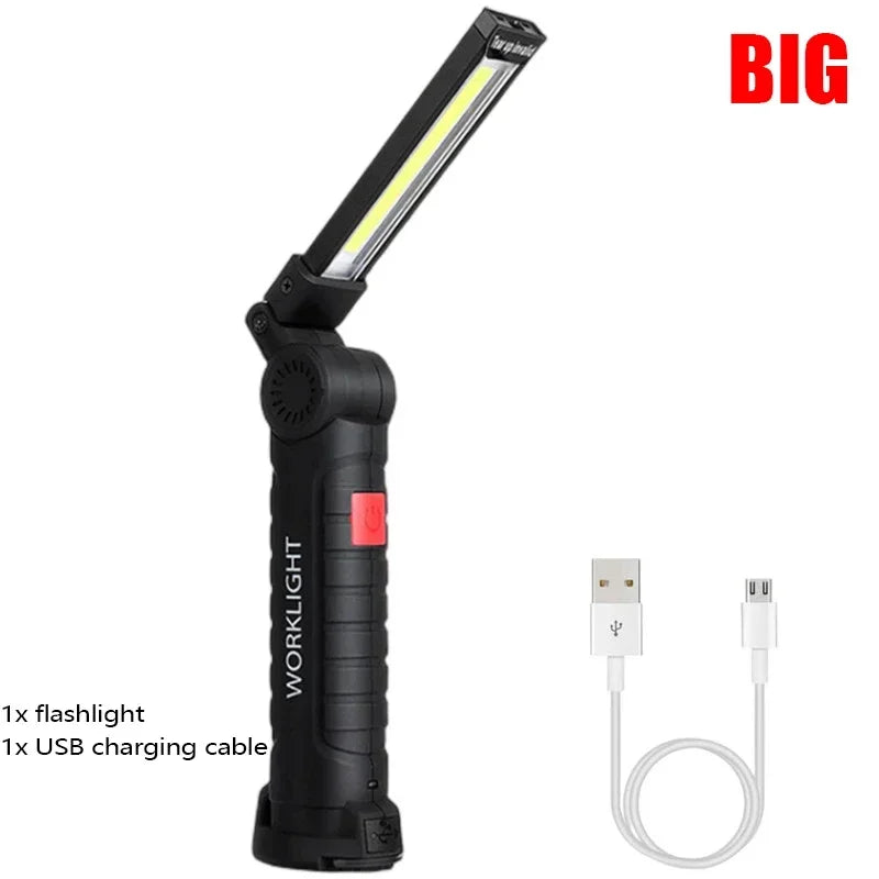 Folding COB LED Work Light - USB Rechargeable Magnetic Inspection Lamp with Hook