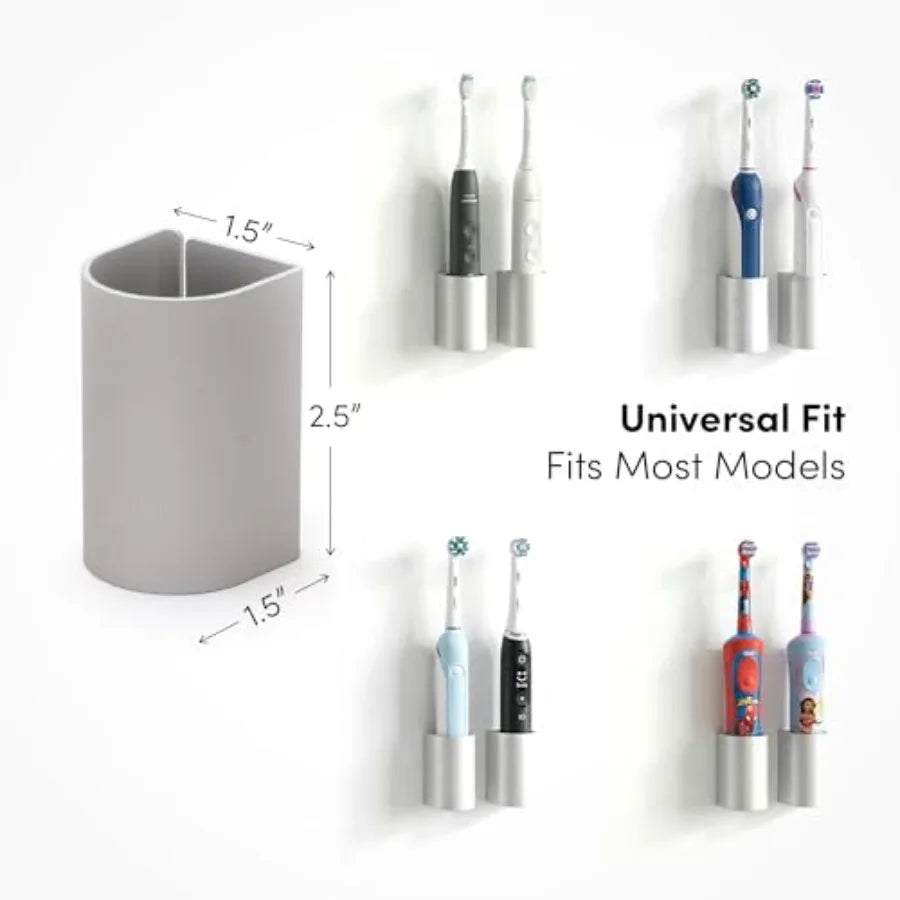 Aluminum Electric Toothbrush Holder 2-Pack Wall Mount with Charging Cable Slot Self Adhesive, Minimalist Design, Fits Most Elec