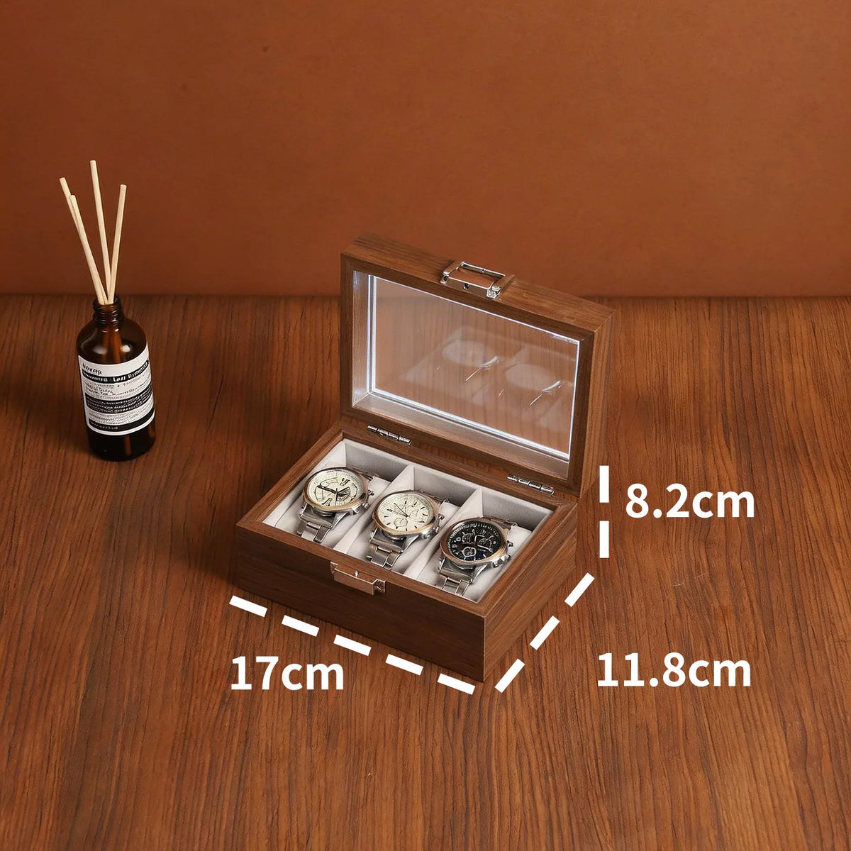 Wood-Grain Watch Display Box with Multiple Grid Options
