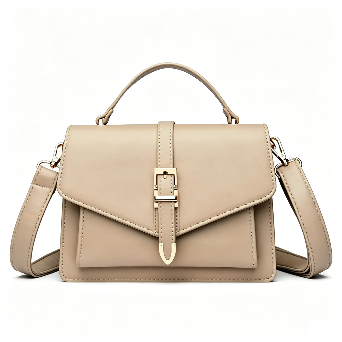 Faux Leather Crossbody Bag - Flap Satchel with Gold Buckle