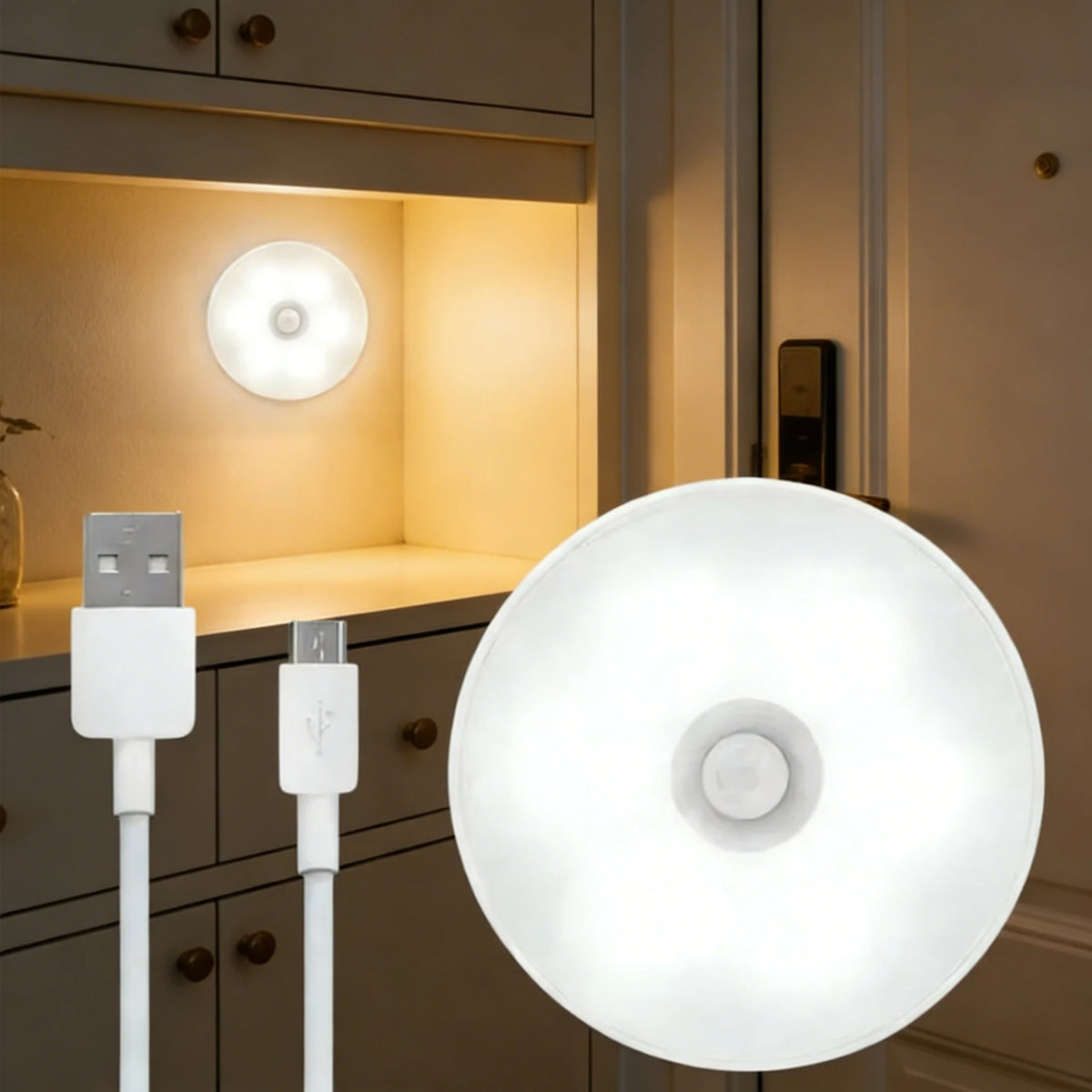 USB Rechargeable Motion Sensor Night Light – LED Puck Light for Cabinet, Hallway & Stairs