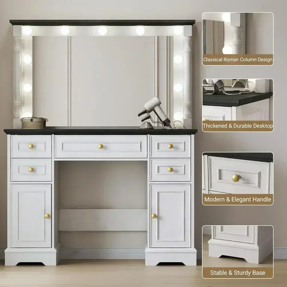 LED Vanity Desk with Mirror & Lights – 5 Drawers, 2 Cabinets & Charging Station
