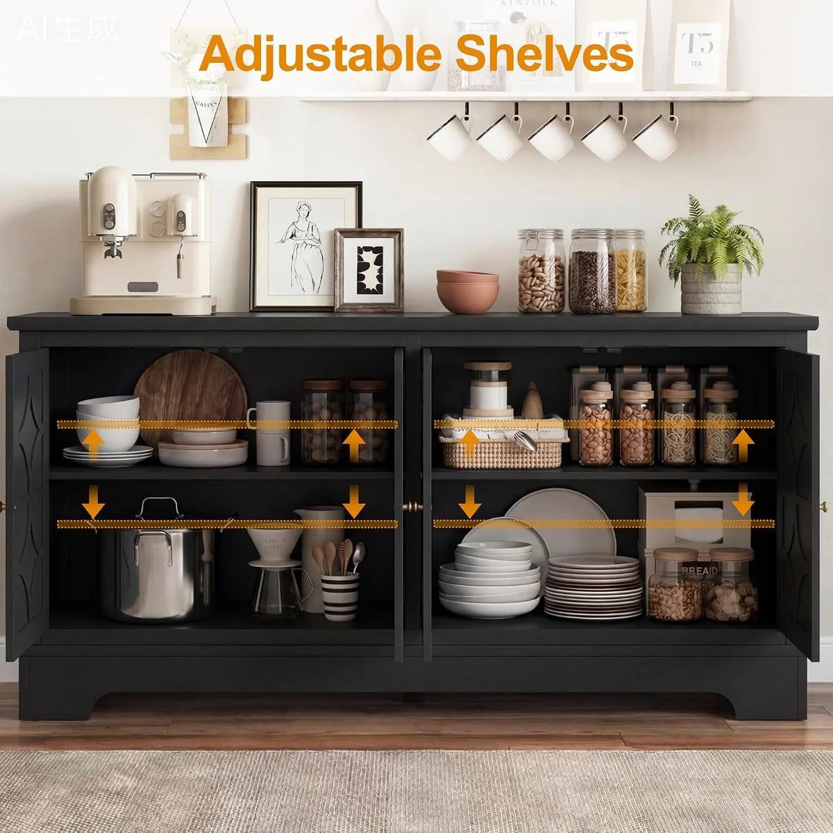 Sideboard Buffet Cabinet with Storage, 56" Modern Sideboard with 4 Carved Doors, Large Wood Coffee Bar Console Table for Kitchen, Dining Room, Entryway, Living Room, Black