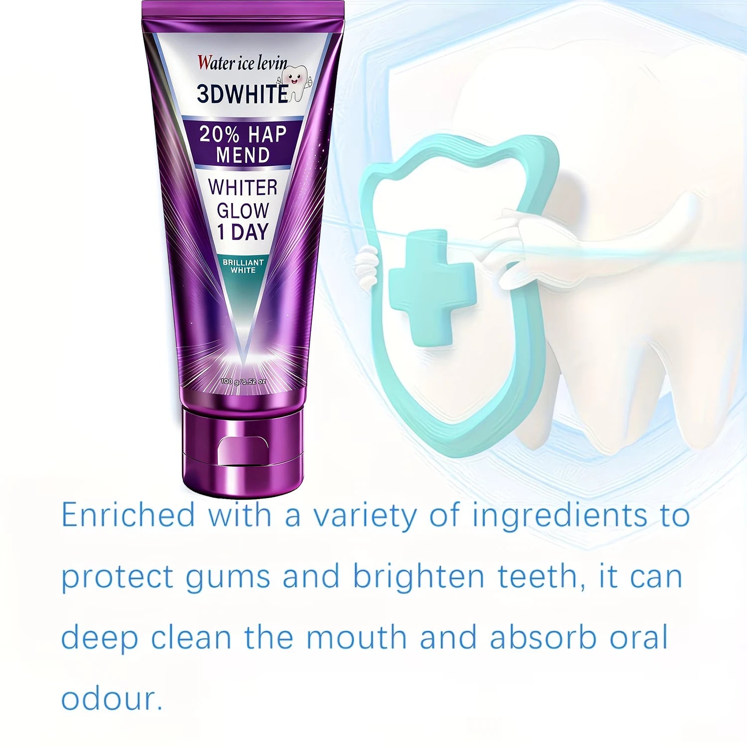 20% HAP 3D White Toothpaste - 1 Day Whiter Teeth, Deep Stain Remover, Cool Menthol for Fresh Breath & Strong Enamel