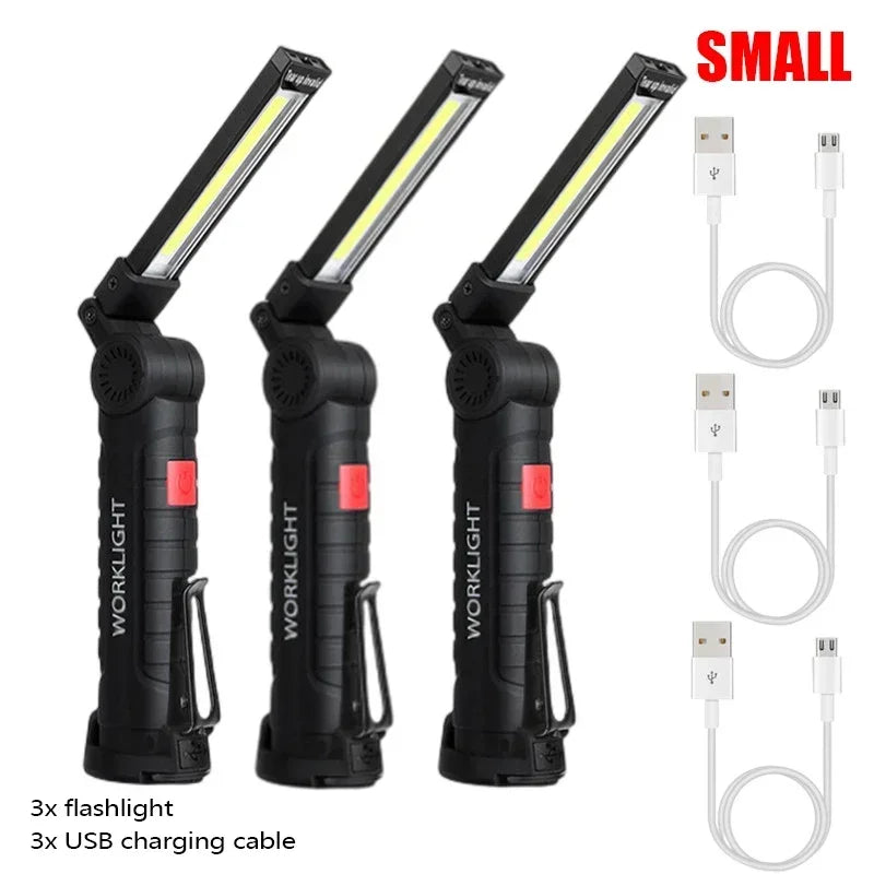 Folding COB LED Work Light - USB Rechargeable Magnetic Inspection Lamp with Hook