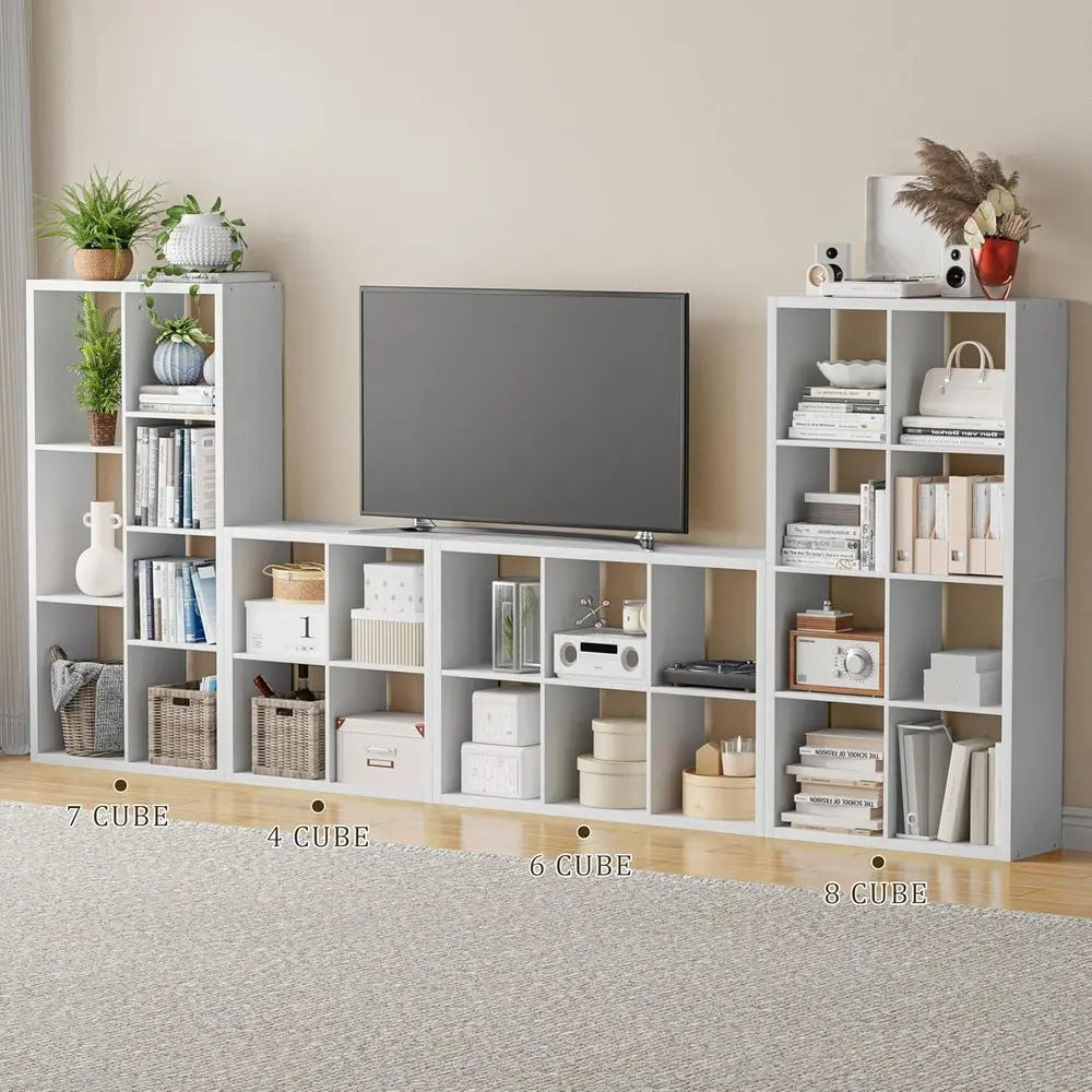 11 Inch Open Back Cube Bookcase with Thickened Border - White, 8 Cubes for Home or Office Display