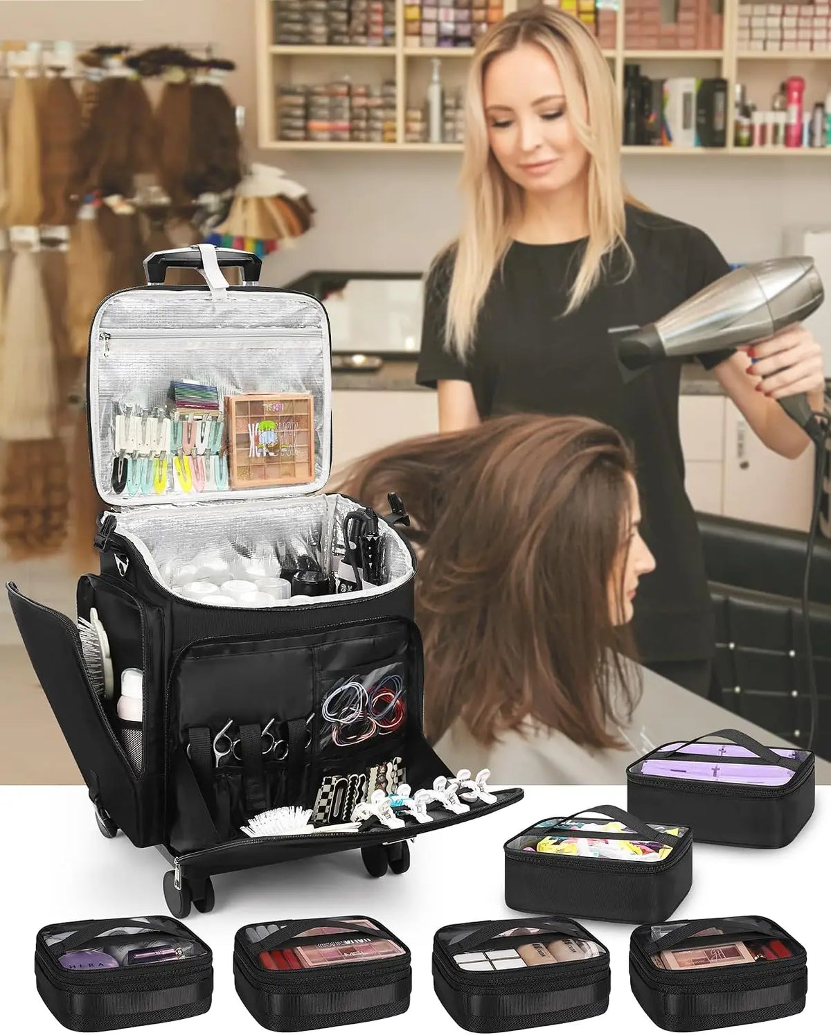 Professional Rolling Makeup & Hair Tools Trolley Case | Hairstylist Travel Bag on Wheels with 6 Clear Bags