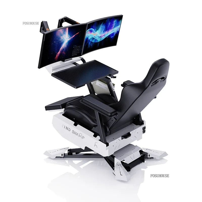 Reclining Gaming Workstation Cockpit with Monitor Stand & Work Tray