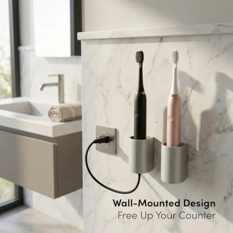 Aluminum Electric Toothbrush Holder 2-Pack Wall Mount with Charging Cable Slot Self Adhesive, Minimalist Design, Fits Most Elec