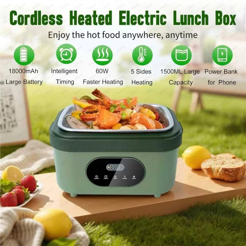Cordless Heated Lunch Box with Carry Bag – 1.5L, 18,000mAh