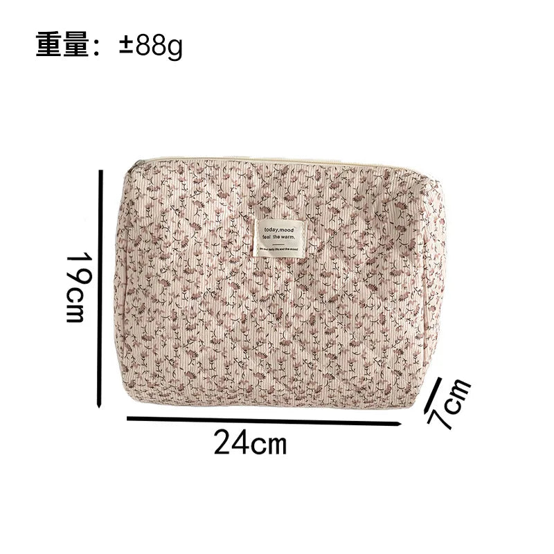 Gentle pink floral corduroy cosmetic  padded cotton large capacity storage  travel wash  pencil  bag