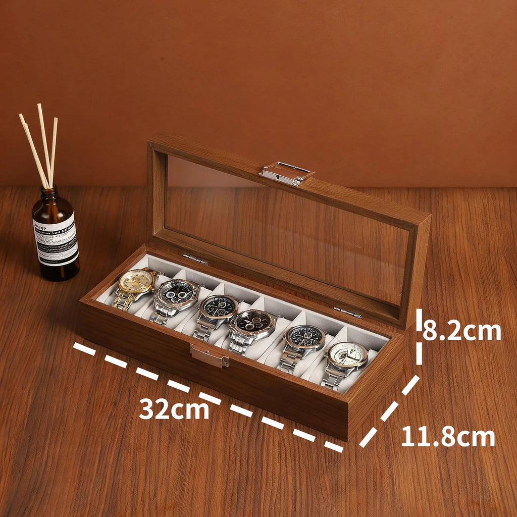 Wood-Grain Watch Display Box with Multiple Grid Options