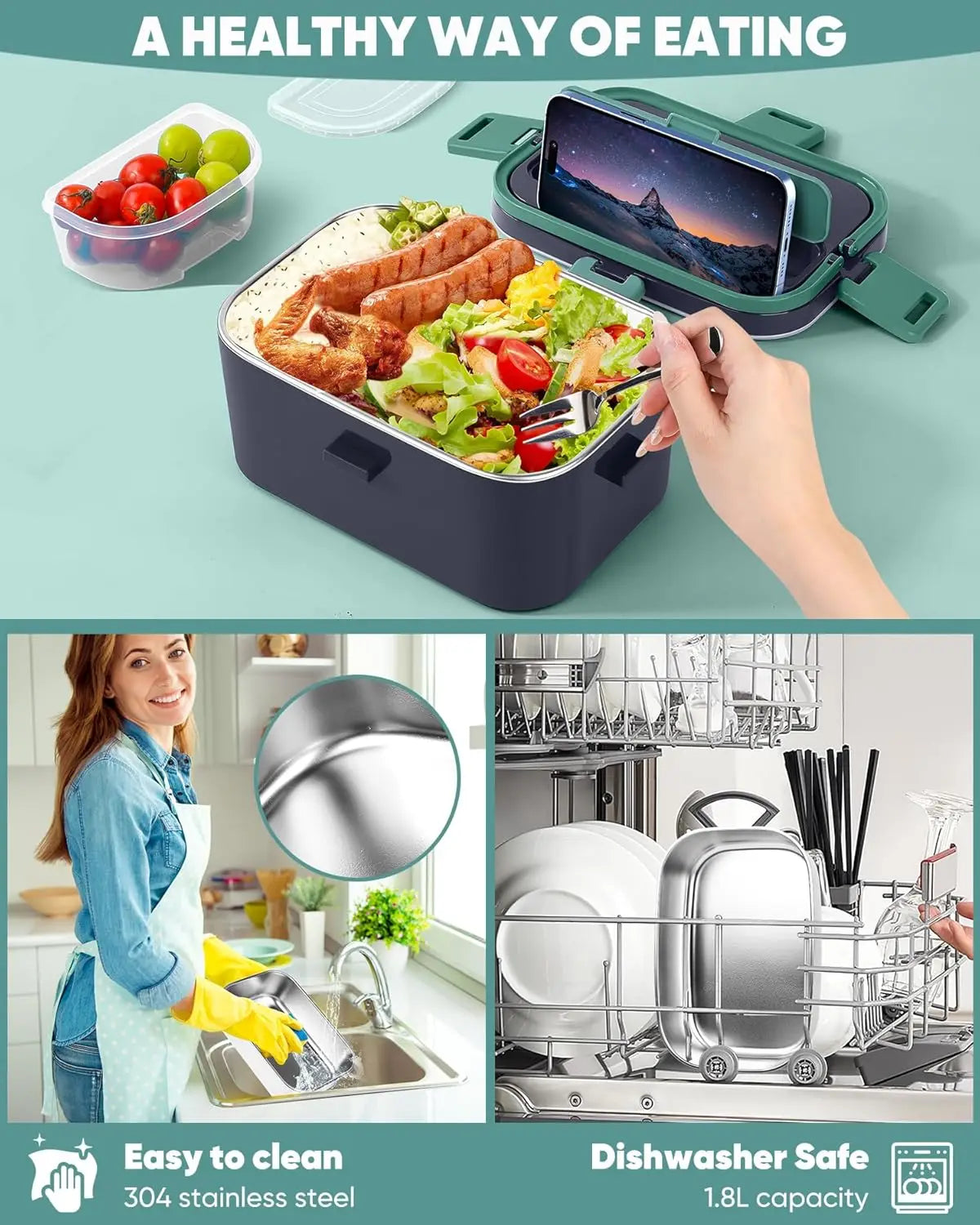 Electric Heated Lunch Box – 1.8L with Salad Box & Carry Bag