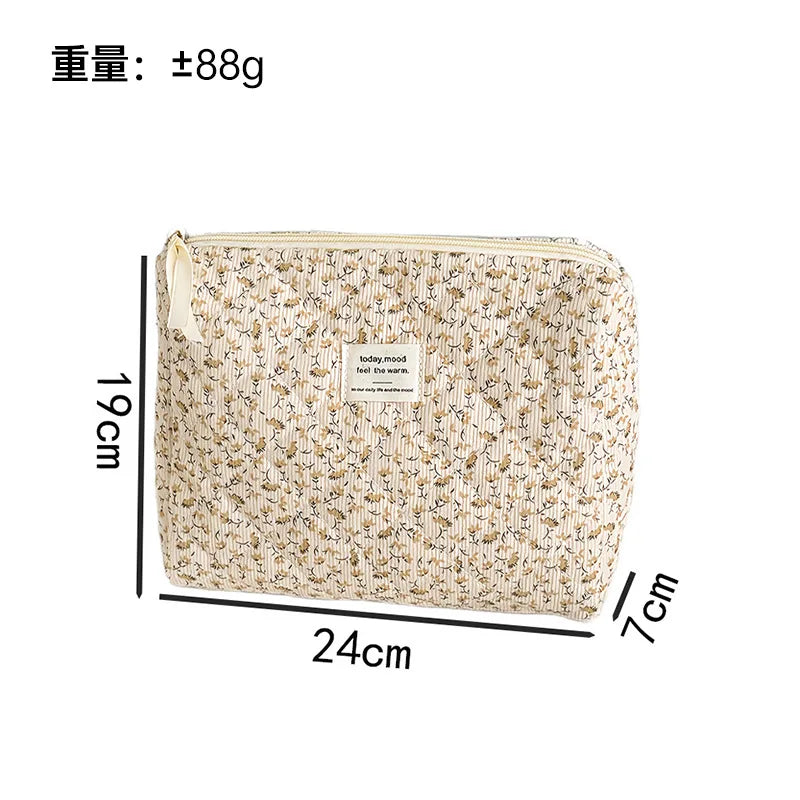 Gentle pink floral corduroy cosmetic  padded cotton large capacity storage  travel wash  pencil  bag