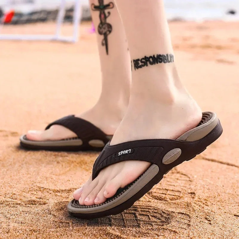 Men's Wide-Fit Flip Flops - Textured Footbed Summer Beach Sandals