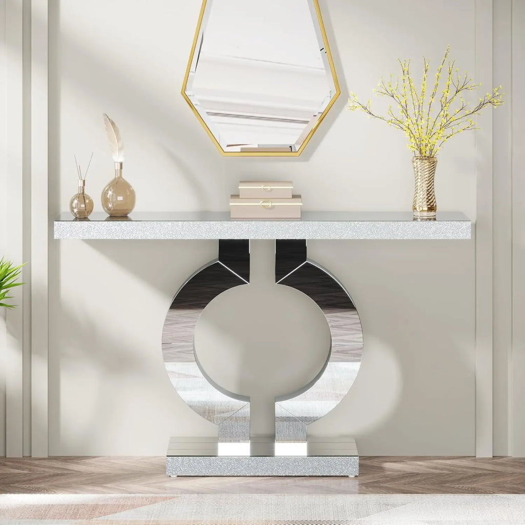 Silver Mirrored Console Table with O-Shaped Base