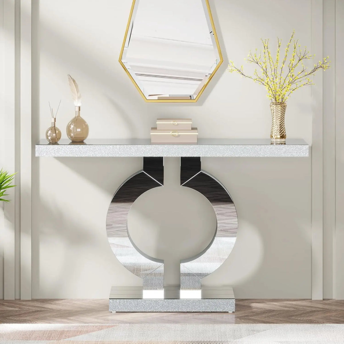 Silver Mirrored Console Table with O-Shaped Base
