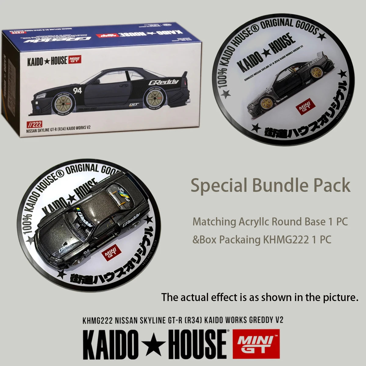 Mini GT x Kaido House 1:64 Nissan Skyline GT-R R34 Kaido Works Greddy V2 Full Carbon Diecast Car Model Item#KHMG222 In Stock