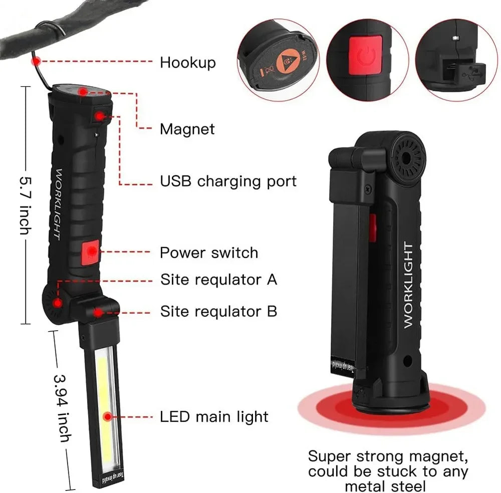 Folding COB LED Work Light - USB Rechargeable Magnetic Inspection Lamp with Hook
