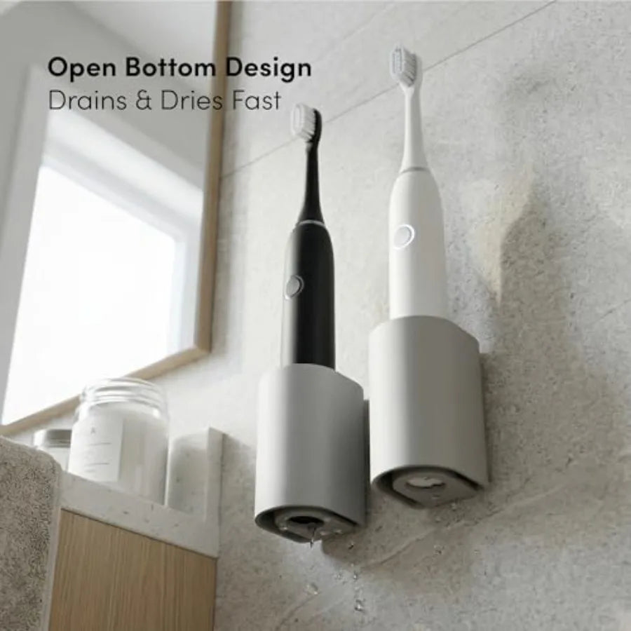 Aluminum Electric Toothbrush Holder 2-Pack Wall Mount with Charging Cable Slot Self Adhesive, Minimalist Design, Fits Most Elec