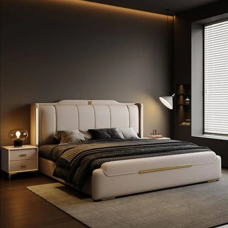 Nappa Leather Bed King Size Luxury 2 People Bed Soft Backrest Headboard Full House Furniture Bedroom Sets Full Set Furniture