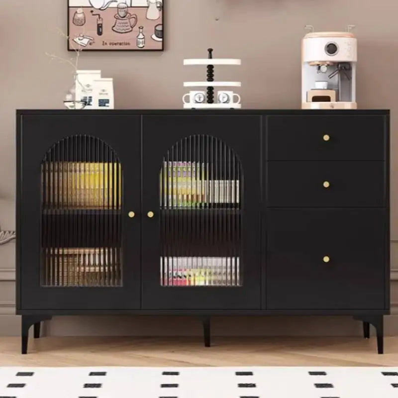 Black Sideboard Cabinet with Arched Ribbed Glass Doors