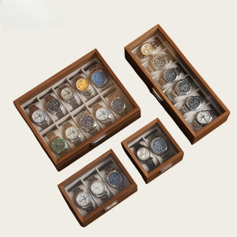 Wood-Grain Watch Display Box with Multiple Grid Options