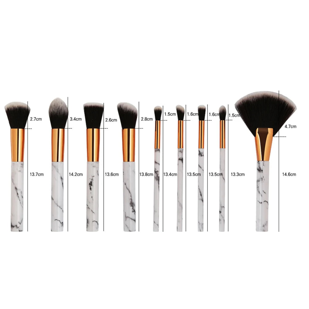 9-Piece Marble Handle Makeup Brush Set – Eye, Contour, Blusher & Powder Brushes