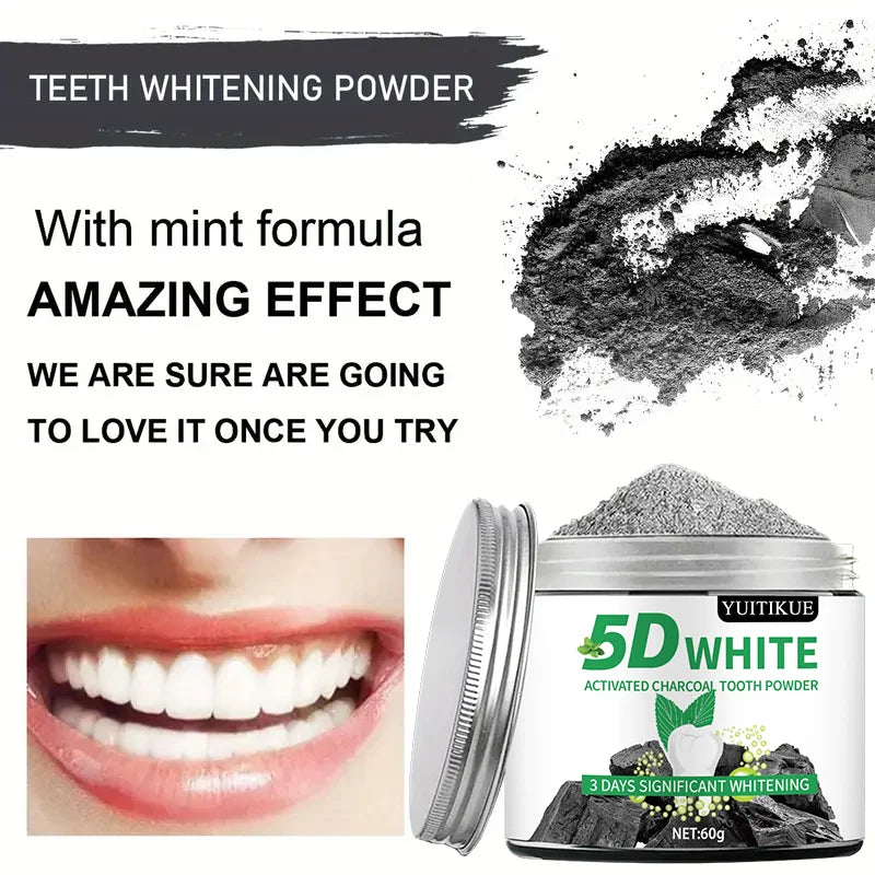 YUlTlKUE 5D White Activated charcoal Tooth Powder Natural Teeth Whitening Oral Care Fresh Breath 60g