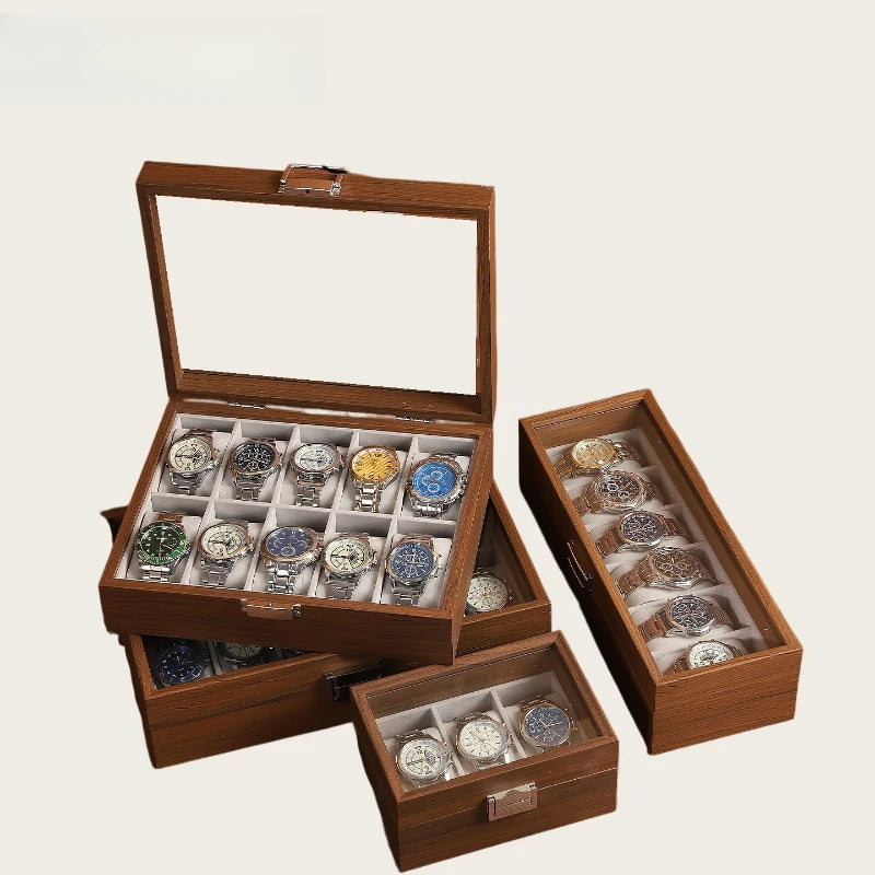 Wood-Grain Watch Display Box with Multiple Grid Options