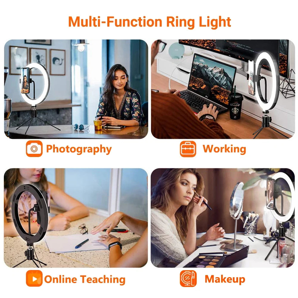10" LED Ring Light with Tripod & Phone Holder - Dimmable Studio Light