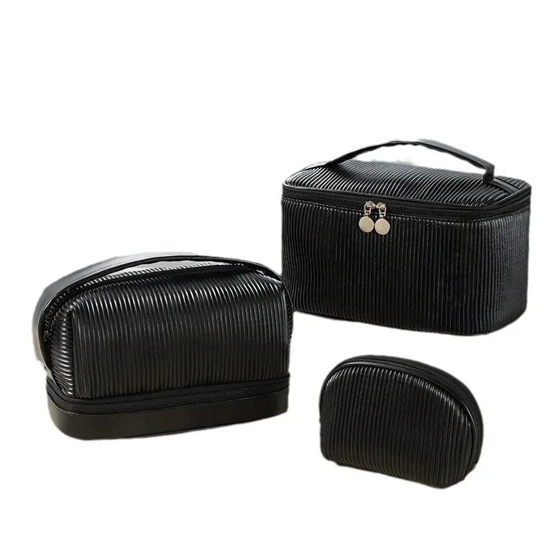 3-Piece Ribbed PU Leather Cosmetic Bag Set | Travel Toiletry Organiser for Women