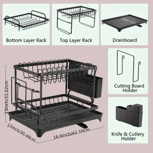 2-Tier Dish Drying Rack | Large Rustproof Kitchen Countertop Organiser with Drainage & Utensil Holder