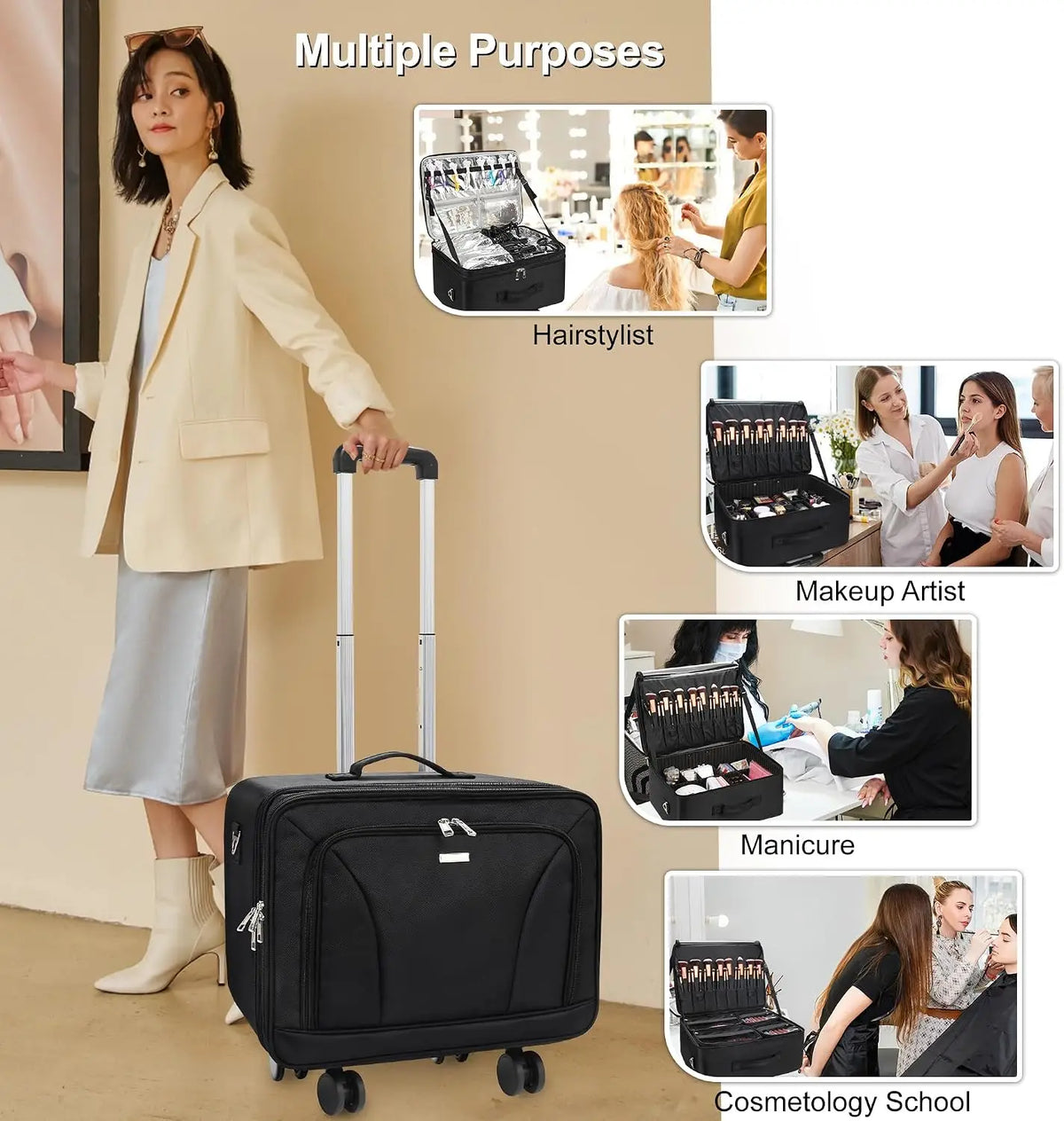 Extra Large Rolling Makeup Train Case | 3-Layer Travel Organiser with 360° Wheels, Insulation Compartment & 4 Clear Bags