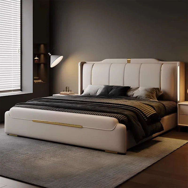 Nappa Leather Bed King Size Luxury 2 People Bed Soft Backrest Headboard Full House Furniture Bedroom Sets Full Set Furniture