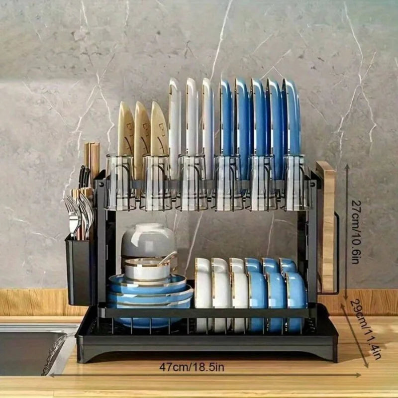 2-Tier Dish Drying Rack | Large Rustproof Kitchen Countertop Organiser with Drainage & Utensil Holder